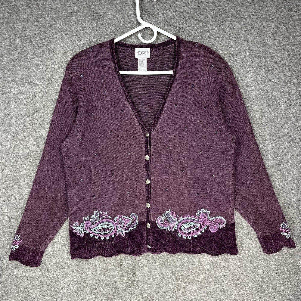 KORET Cardigan Purple Wool Blend Embroidered Paisley Cottagecore Size M